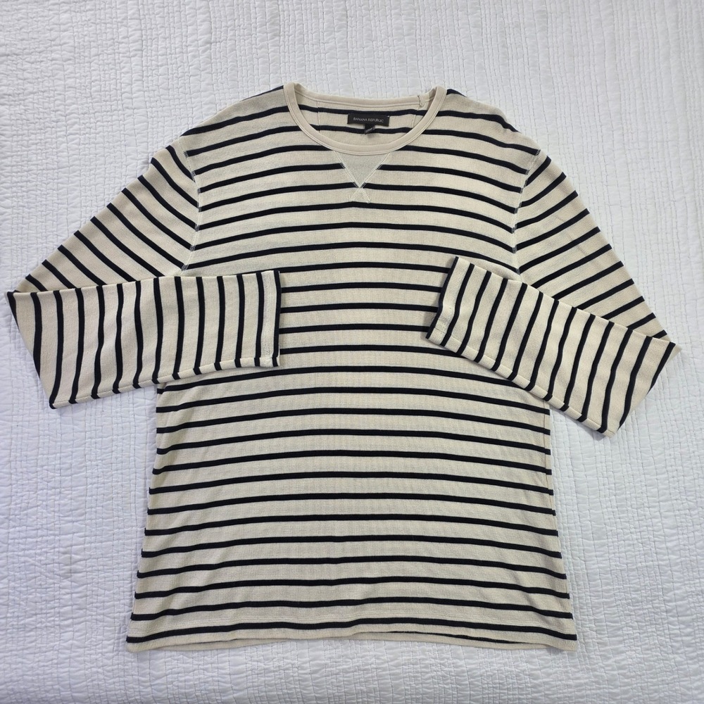Banana Republic Mens L Navy Blue Striped Waffle Knit Thermal Long Sleeve Shirt